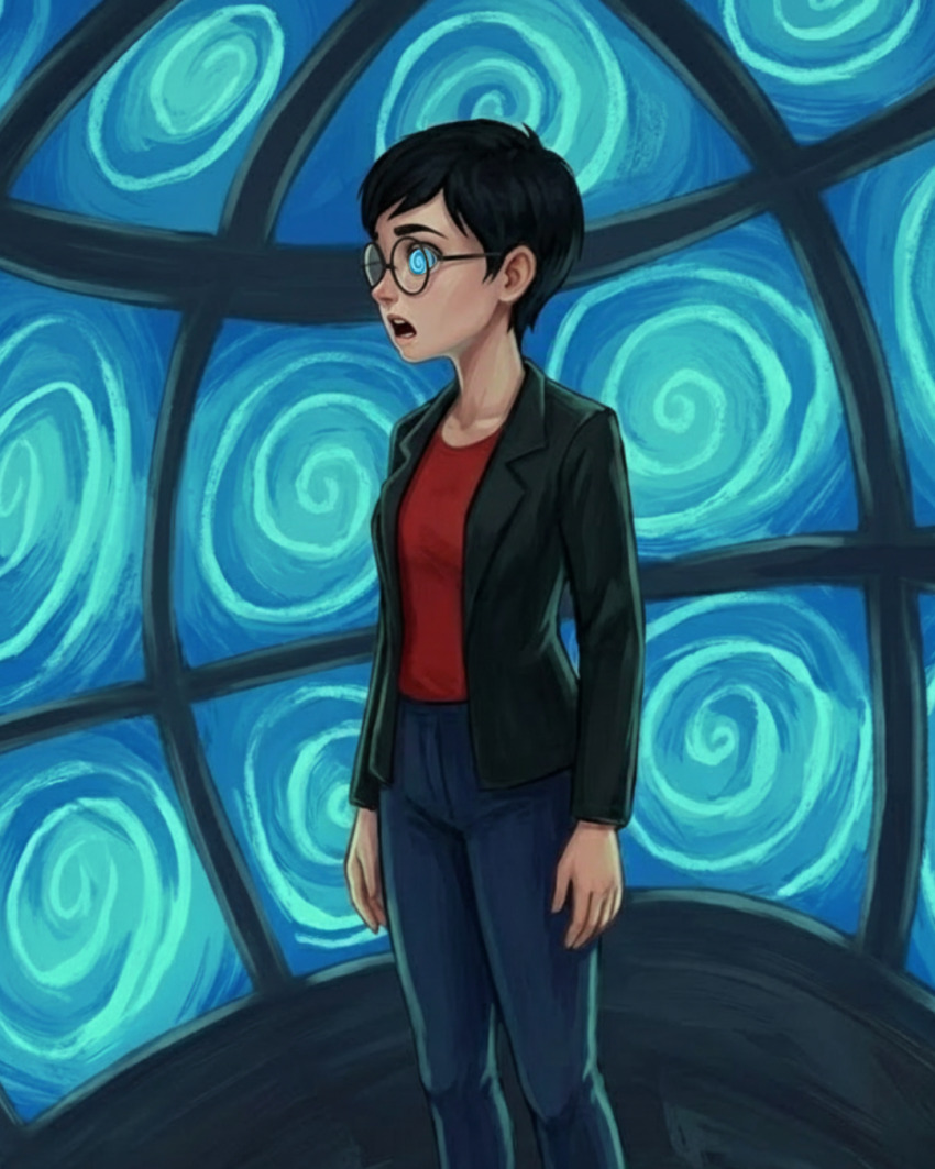 ai_art black_hair carmen_sandiego clothed female_only femsub glasses hypnotic_screen jacket jeans julia_argent_(carmen_sandiego) monitor open_mouth short_hair solo spiral spiral_eyes spiralwash_eyes standing zupern0va_(manipper)
