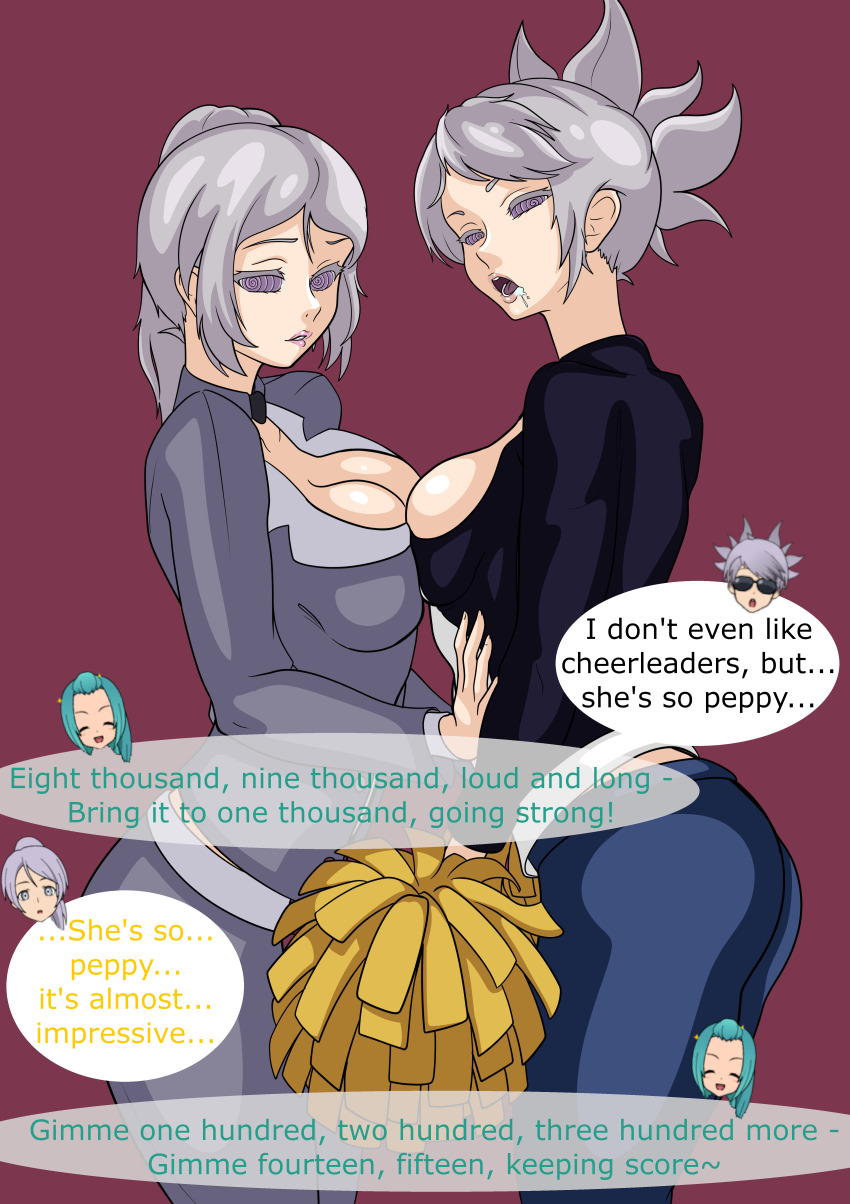 absurdres blue_hair bzurrrf cheerleader desire_(pokemon_ew) dialogue english_text femsub grey_hair haxa_(pokemon_ew) hypnotized_hypnotist lura_(pokemon_ew) multiple_girls multiple_subs nintendo pokemon pokemon_entrancing_wishes ponytail simple_background small_breasts source_request spiral_eyes sunglasses symmetrical_docking text