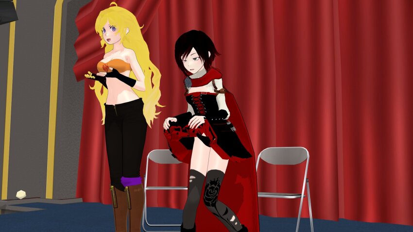 3d airmotor black_hair black_panties blonde_hair boots cape clothed corset crossed_eyes dress dress_lift female_only femsub grey_eyes heavy_eyelids knee-high_boots lace long_hair mmd multicolored_hair multiple_girls multiple_subs open_mouth panties pants purple_eyes red_hair ruby_rose rwby skirt skirt_lift smile stage_hypnosis thighhighs tube_top underwear yang_xiao_long