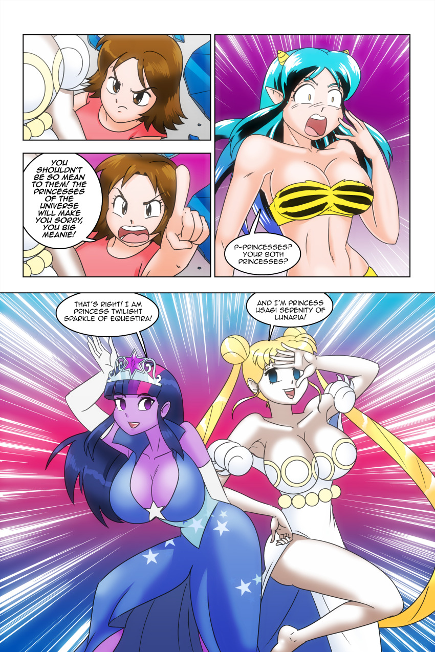 bare_shoulders bikini blonde_hair blue_eyes brown_eyes cleavage comic crossover crown dialogue dress empty_eyes equestria_girls femsub green_hair hair_buns happy_trance horns large_breasts long_hair lum midriff multicolored_hair my_little_pony oni_girl open_mouth opera_gloves original princess purple_eyes sailor_moon sailor_moon_(series) short_hair smile story text twilight_sparkle twintails urusei_yatsura wadevezecha