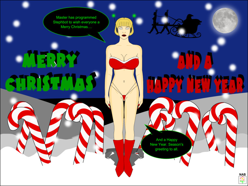 bikini blonde_hair boots christmas empty_eyes fembot headphones nabs001 robotization snow tech_control text