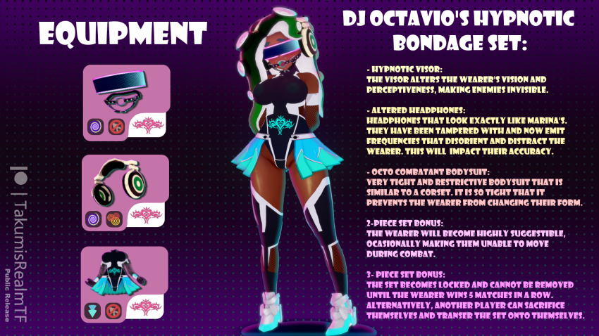 3d clothed cosplay crotch_tattoo english_text female_only femsub gag green_hair headphones hypnotic_accessory koikatsu! marina_(splatoon) nintendo octoling open_mouth ring_gag shoes splatoon swimsuit taimanin_(series) takumisrealmtf tattoo text visor