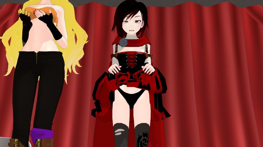 3d airmotor black_hair black_panties blonde_hair boots cape clothed corset crossed_eyes dress dress_lift female_only femsub grey_eyes heavy_eyelids knee-high_boots lace long_hair mmd multicolored_hair multiple_girls multiple_subs open_mouth panties pants purple_eyes red_hair ruby_rose rwby skirt skirt_lift smile stage_hypnosis thighhighs tube_top underwear yang_xiao_long