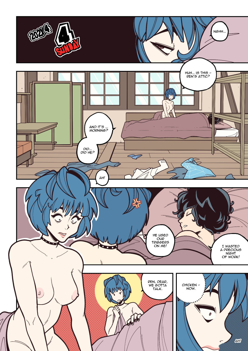 amnesia bed black_hair black_nail_polish blue_hair bottomless choker comic dialogue efalabrino femsub goth joker_(persona_5) maledom nail_polish nipples nude persona_(series) persona_5 short_hair shrunken_irises sleeping speech_bubble tae_takemi tagme text topless trigger