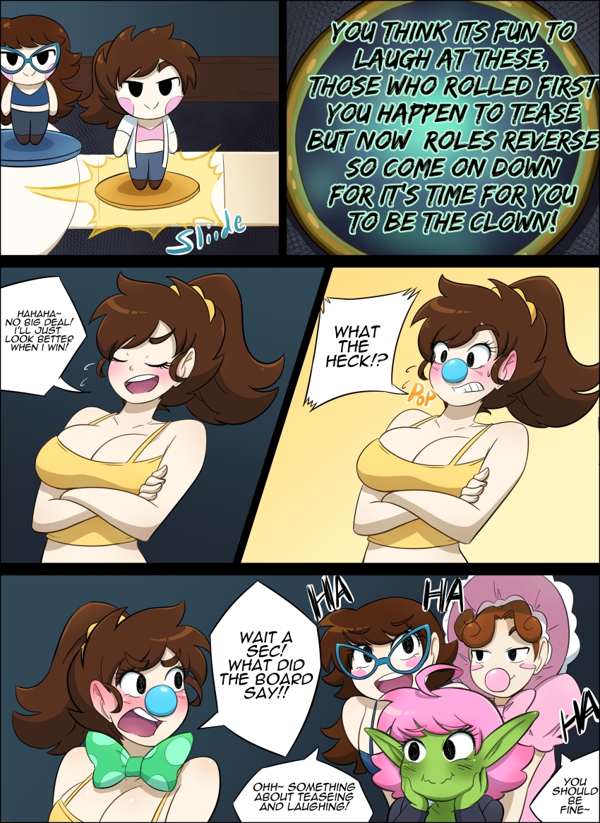 ahoge bonnet bow_tie brown_hair cleavage clownification comic curly_hair dress elf_ears glasses goblin green_skin kobi94 laughing long_hair magic pacifier pink_hair poem ponytail short_hair shortstack speech_bubble tank_top text transformation