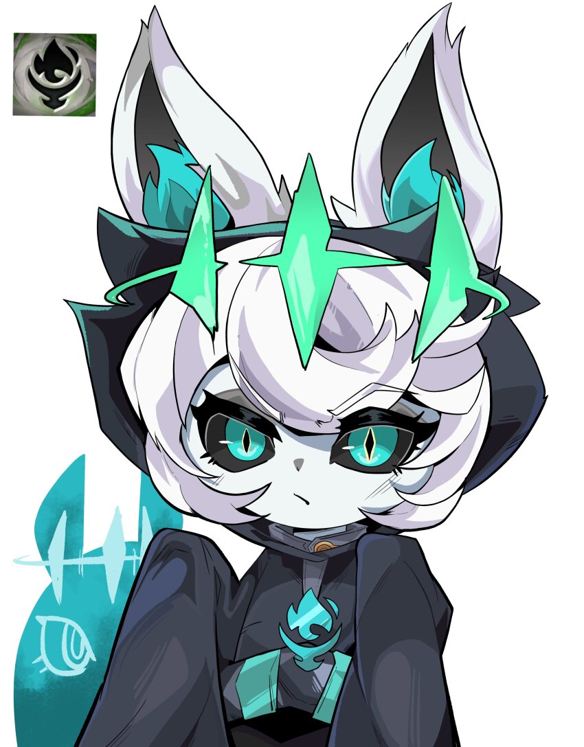 absurdres alternate_color_scheme beseunaj-jamjaneun_gemdol-i blue_eyes clothed control_indicator corruption crown emblem expressionless eye_color_change femsub hair_color_change hood hoodie league_of_legends looking_at_viewer pale_skin possession ruination shadow_(league_of_legends) simple_background slit_pupils vex_(league_of_legends) viego_(league_of_legends) white_background white_hair white_skin yordle