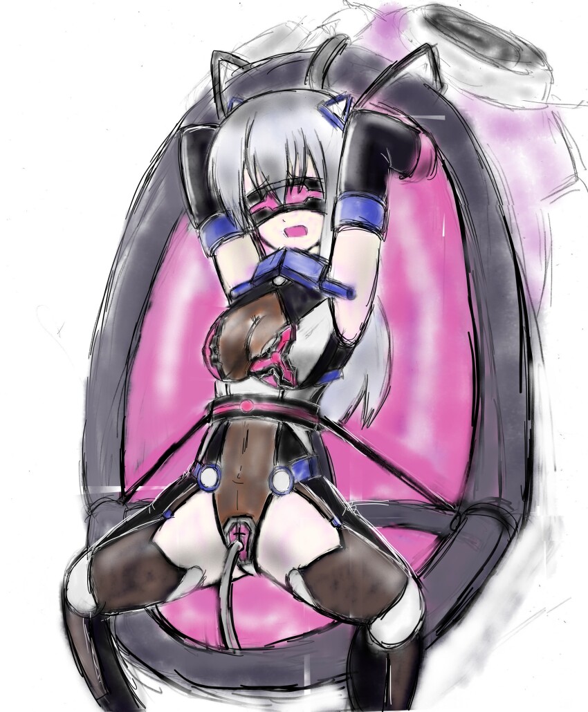 armpits arms_above_head bangs boots breasts cables cleavage corruption female_only femsub gloves grey_hair hakujumaru hasumi leotard long_hair mission_mermaiden open_mouth opera_gloves restrained see-through sex_machine simple_background sketch spread_legs tech_control thigh_boots thighhighs vaginal visor white_background wires