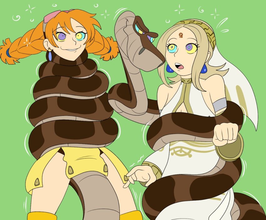 aika_(skies_of_arcadia) asphyxiation bare_shoulders blonde_hair clothed coils crossover disney dress earrings femsub fina_(skies_of_arcadia) goggles goggles_on_head green_background happy_trance jewelry kaa maledom open_mouth orange_hair plsgts restrained simple_background sitting skies_of_arcadia smile snake spiral symbol tagme the_jungle_book thighs veil