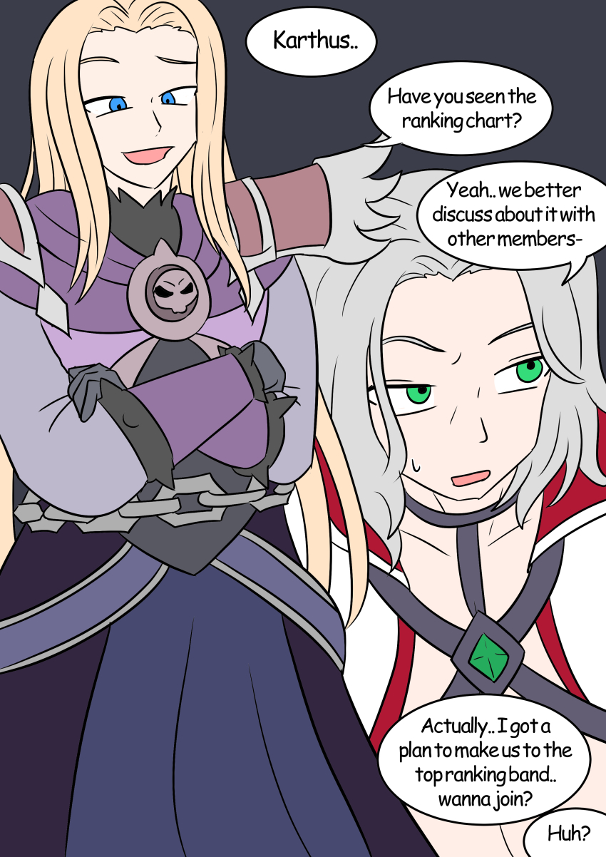 alternate_costume alternate_hair_color alternate_hairstyle blonde_hair blue_eyes comic crossed_arms dialogue english_text green_eyes karthus_(league_of_legends) league_of_legends long_hair male_only open_mouth short_hair speech_bubble sweat text vel viego_(league_of_legends) white_hair