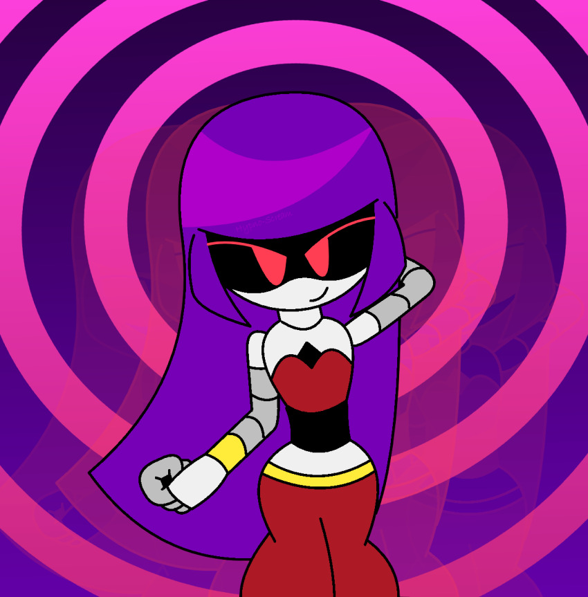 arms_above_head bare_shoulders crop_top dancer dancing doll_(murder_drones) femdom flat_chest gradient_background harem_outfit hypnoscream hypnotic_dance long_hair looking_at_viewer murder_drones pov_sub purple_background purple_hair red_background red_eyes ring_background robot_girl seductive_smile shiny_hair smug solo story straight-cut_bangs wide_hips