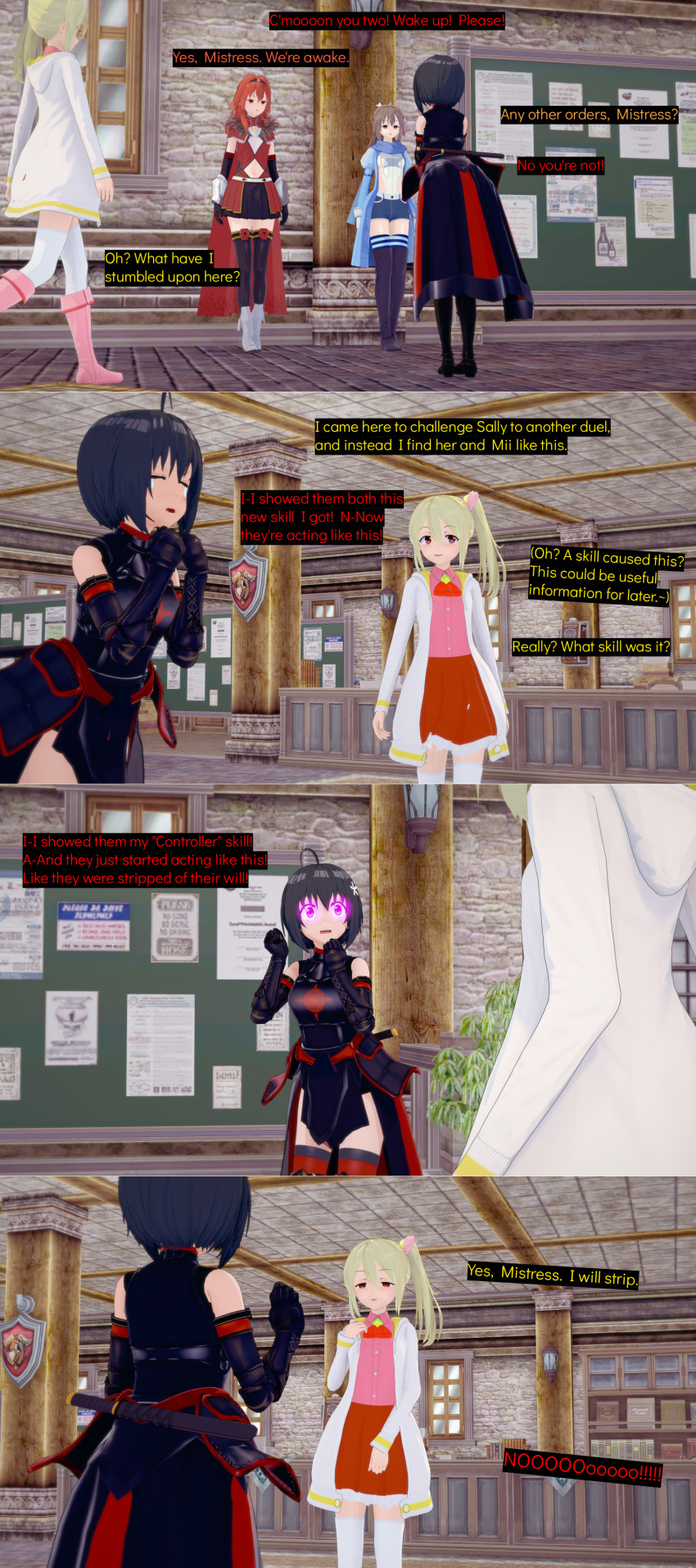 3d armor black_hair cyanstargazer dialogue female_only femdom femsub frederica_(i_hate_getting_hurt_so_i_put_all_my_skill_points_into_defense) i_hate_getting_hurt_so_i_put_all_my_skill_points_into_defense mii_(i_hate_getting_hurt_so_i_put_all_my_skill_points_into_defense) multiple_girls multiple_subs red_hair tagme text