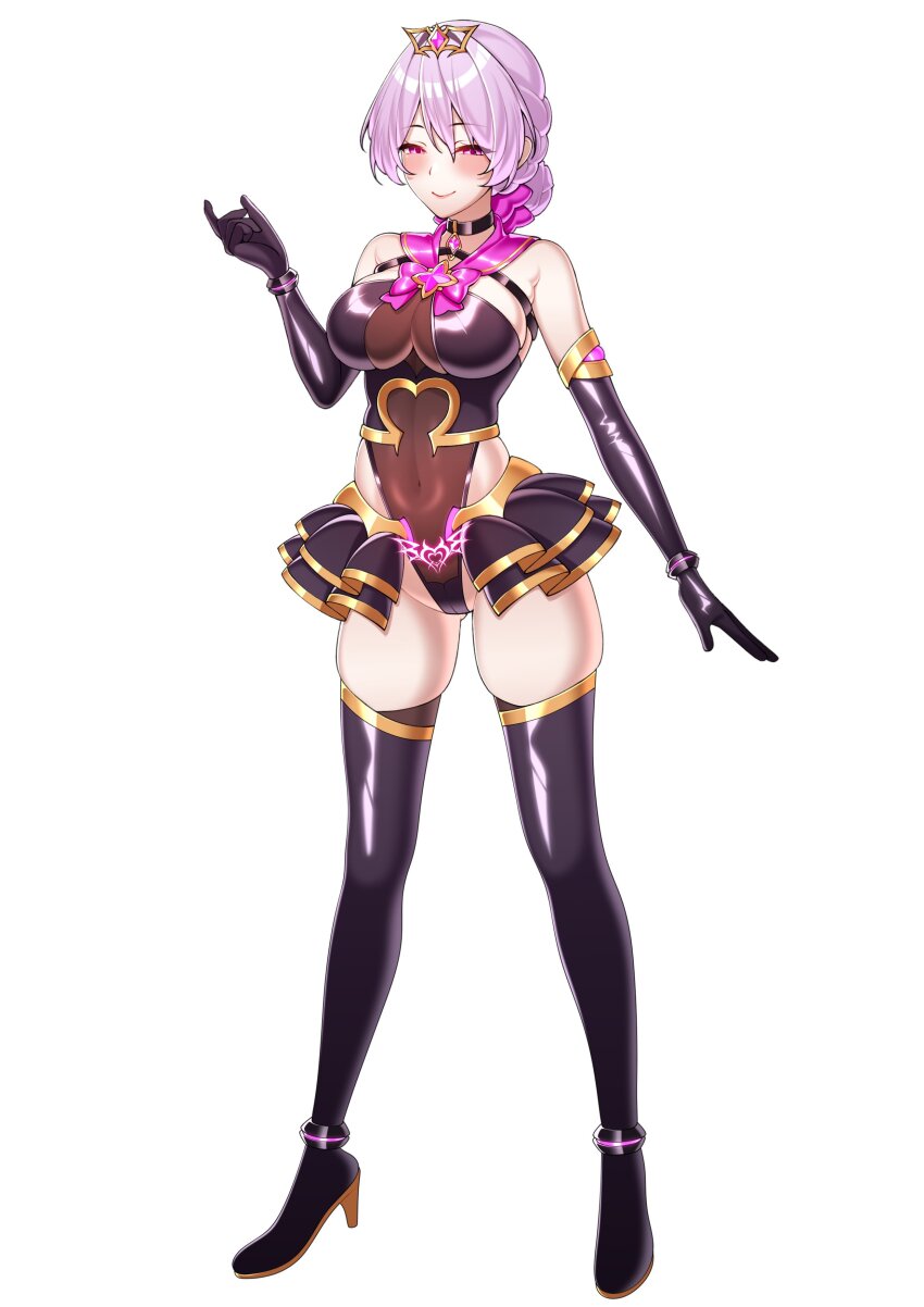 bangs bare_shoulders blush boots collar crotch_tattoo cuffs empty_eyes female_only femsub gloves hair_ornament high_heels jewelry leotard looking_at_viewer lukazyx miniskirt navel opera_gloves original pink_eyes pink_hair see-through simple_background skirt smile solo thigh_boots thighhighs tied_hair underwear white_background