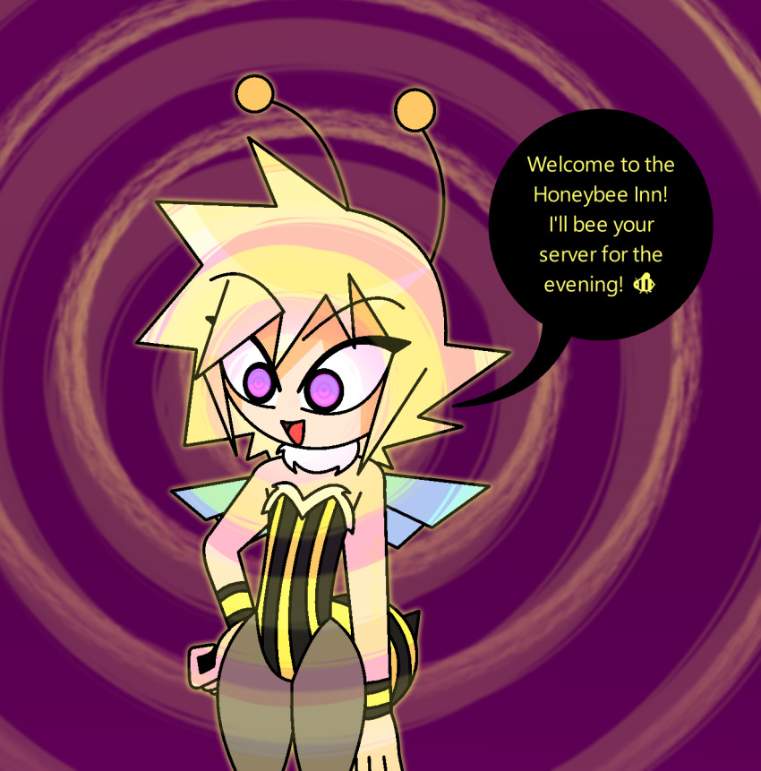antenna bare_shoulders bee_boy bee_suit blonde_hair bracelet cloud_strife crossdressing empty_eyes eyebrows_visible_through_hair femboy final_fantasy final_fantasy_vii hand_on_hip happy_trance hypnoscream leotard malesub open_mouth pantyhose pov_dom purple_eyes ring_background see-through smile solo speech_bubble standing text waiter wide_hips wings