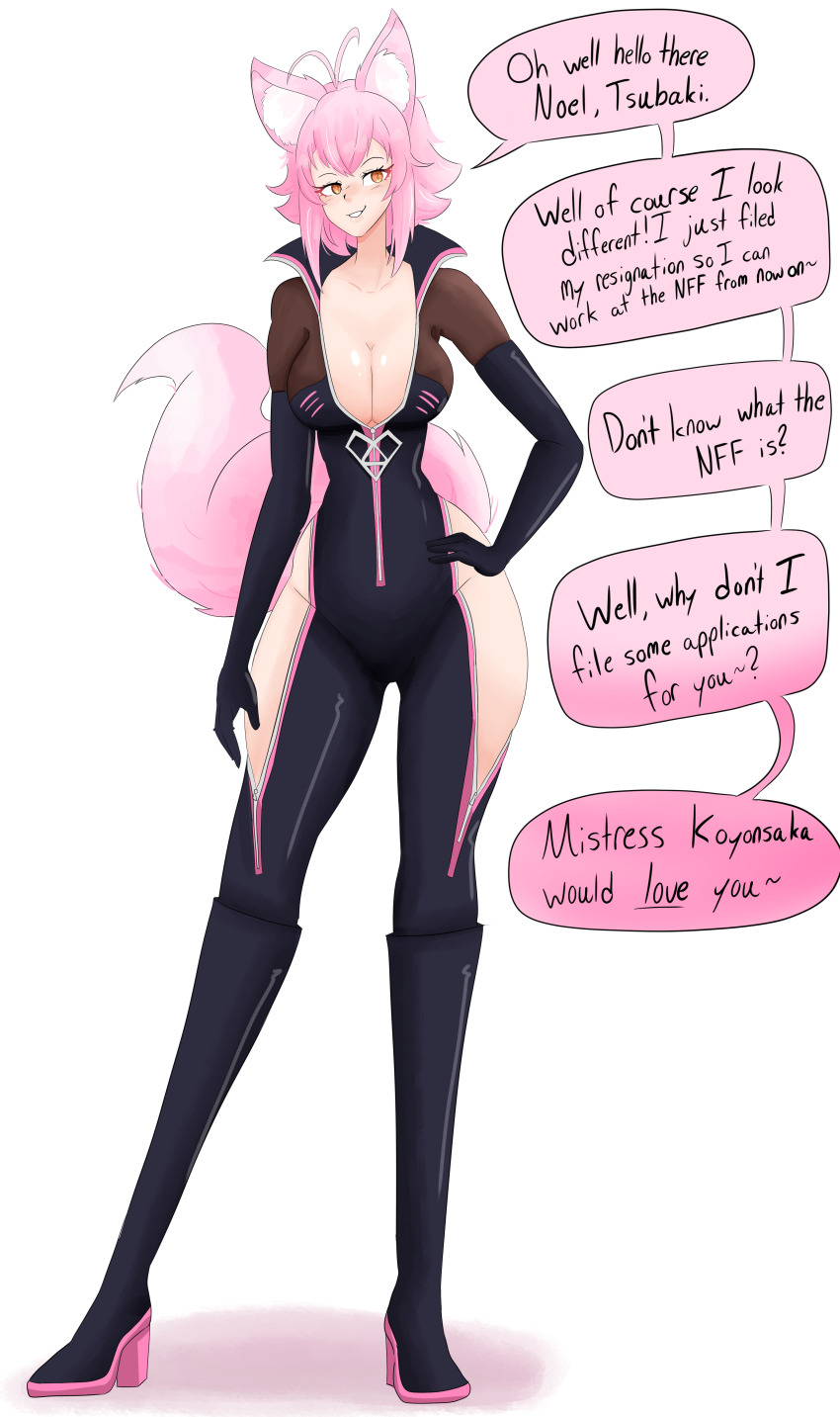 a_singular_fish animal_ears blazblue bodysuit breasts cleavage dialogue fate/grand_order fate_(series) female_only femsub fox_ears fox_girl fox_tail gloves hand_on_hip happy_trance high_heels koyanskaya large_breasts latex makoto_nanaya opera_gloves pink_hair short_hair smile solo standing tail text thigh_boots thighs twinning yellow_eyes zipper