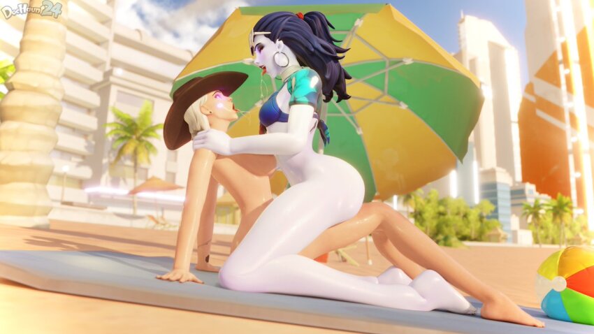 3d ashe_(overwatch) beach blue_hair blue_skin breasts comic corruption cowboy_hat dialogue dochaunt earrings female_only femdom femsub glowing glowing_eyes hypnotic_lipstick multiple_girls overwatch purple_eyes small_breasts spit_trail sunglasses tattoo tongue tongue_out topless undressing watermark white_hair widowmaker yuri