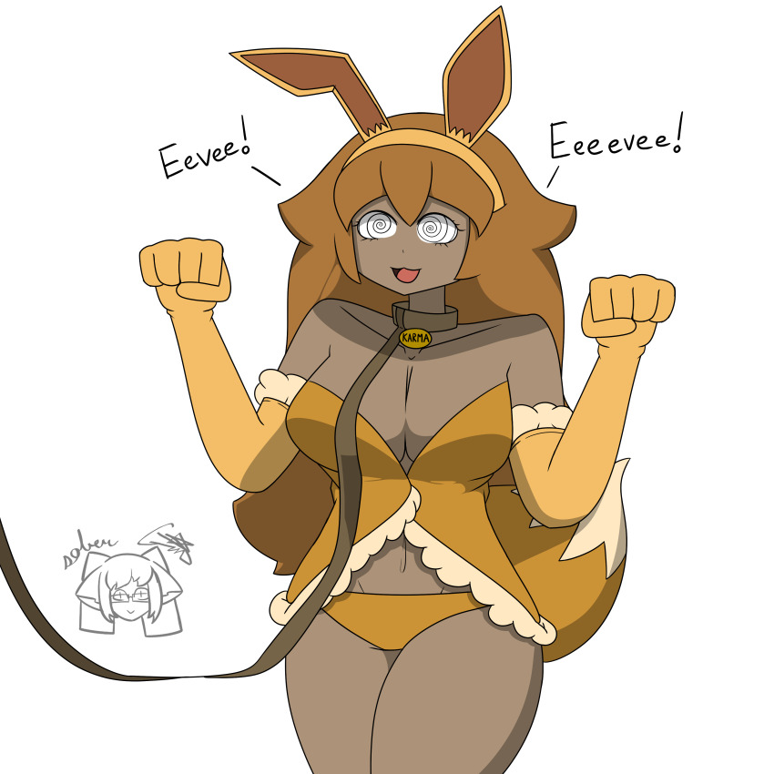 breasts brown_hair collar cosplay dialogue eevee eyelashes fake_animal_ears fake_tail female_only femsub gloves happy_trance large_breasts leash long_hair messy_hair midriff navel nintendo original panties pet_play pokemon signature simple_background sobergin standing tan_skin text