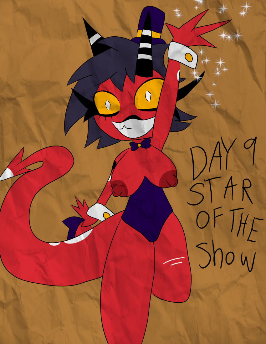 alternate_costume black_hair breasts demon demon_girl happy_trance helluva_boss hypnovember magician millie_(helluva_boss) red_skin tail tcross white_eyes