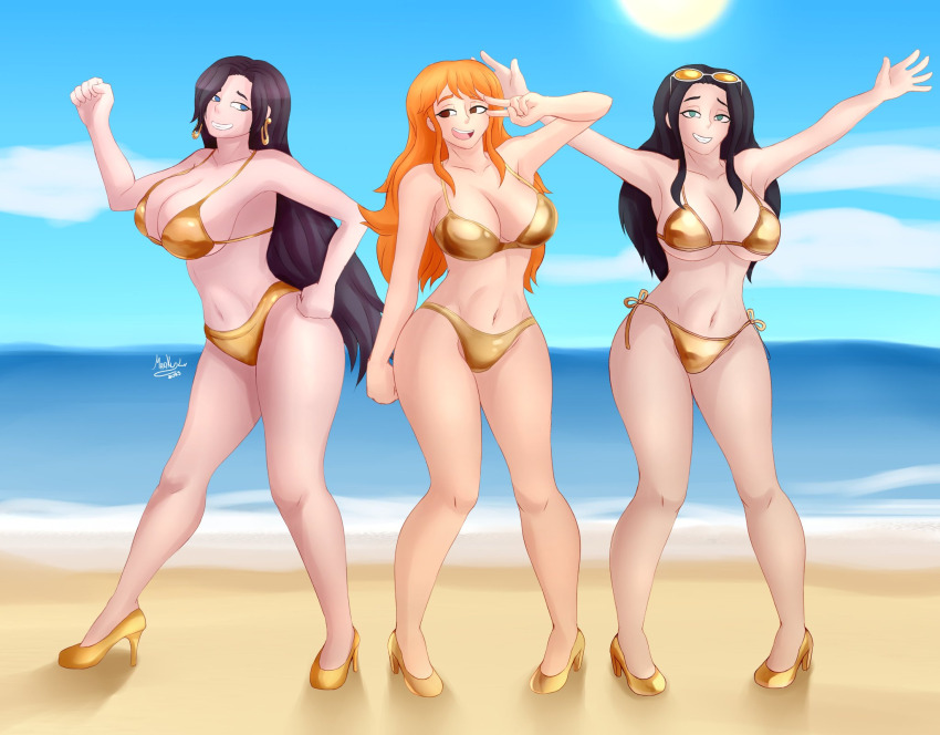 beach bikini bikini_bottom bikini_top black_hair blue_eyes boa_hancock brown_eyes cleavage dancing earrings fembot femsub golden_swimsuit green_eyes happy_trance high_heels huge_breasts large_breasts nami_(one_piece) nico_robin one_piece orange_hair smile sunglasses thighs voidylv