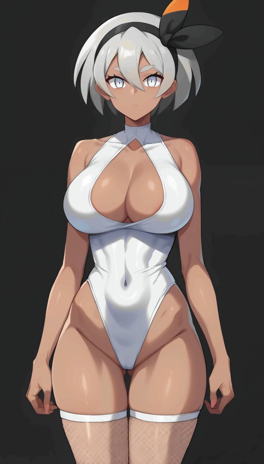 ai_art bea_(pokemon) black_background cleavage drone expressionless female_only femsub mcdaisukimen_(generator) nintendo pokemon pokemon_sword_and_shield short_hair simple_background solo white_hair whitewash_eyes