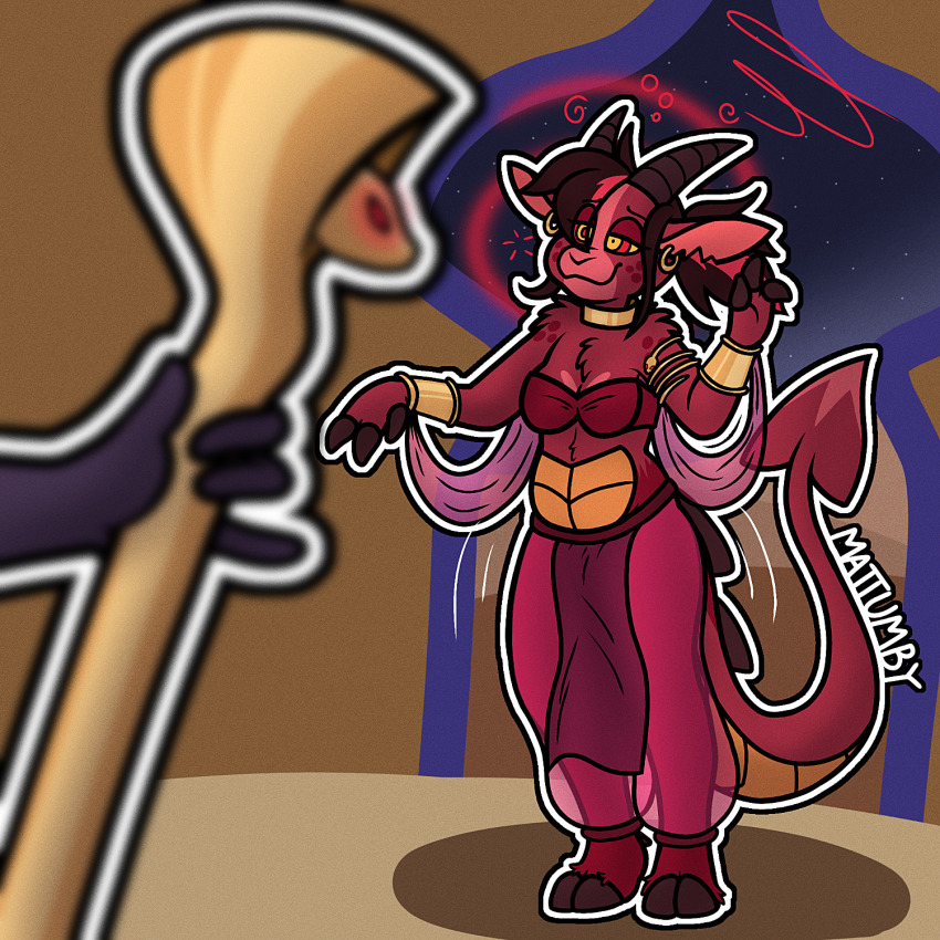 aladdin_(series) bra bracers dancer dancing dazed earrings female_only femsub furry happy_trance harem_outfit hooves horns jewelry kaa_eyes kiko_(popcocks) mattumby necklace non-human_feet see-through staff standing