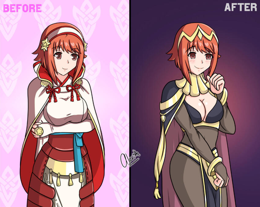 alerith alternate_costume before_and_after blush bodysuit breasts brown_eyes cape cleavage cleavage_cutout corruption empty_eyes english_text evil_smile female_only femsub fire_emblem_awakening fire_emblem_fates happy_trance large_breasts navel nintendo pink_hair sakura_(fire_emblem) short_hair smile text