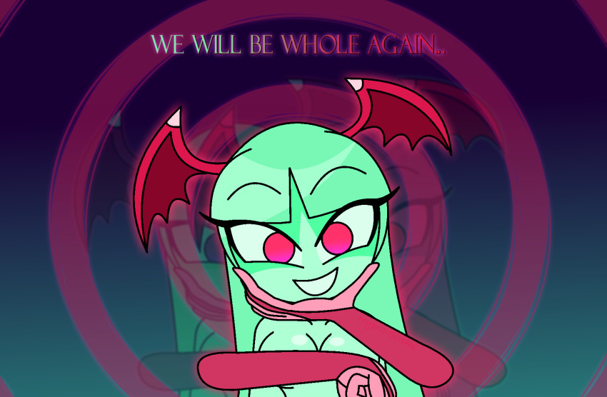 alternate_color_scheme aura bare_shoulders breasts capcom chin_hold cleavage darkstalkers dialogue empty_eyes english_text eye_color_change female_only femdom femsub green_hair green_skin happy_trance hypnoscream lilith_aensland looking_at_viewer morrigan_aensland red_eyes red_skin smile spiral_background succubus text very_long_hair wings