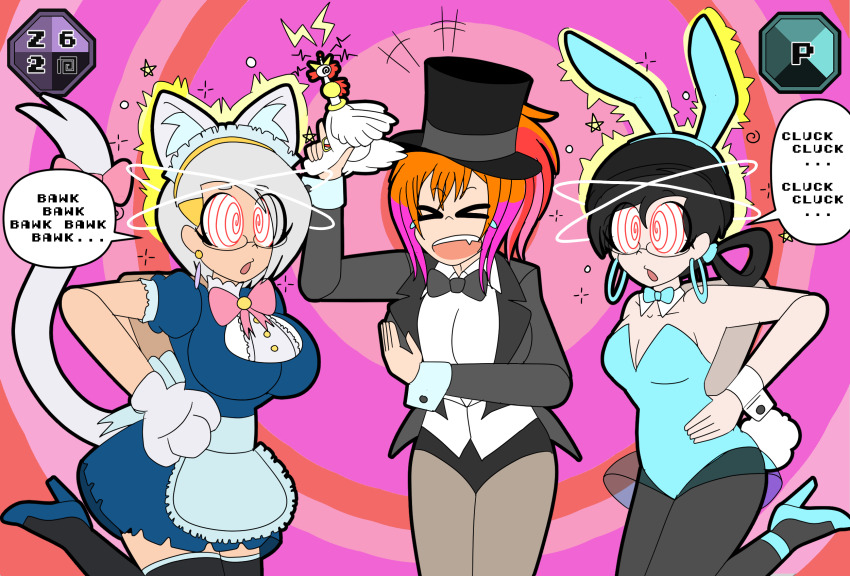 apron black_hair blonde_hair bow bow_tie breasts bunny_ears bunny_girl bunnysuit cat_ears cat_girl cat_tail chicken_pose cuffs deejay_(zombi62) femdom femsub high_heels large_breasts laughing long_hair multicolored_hair multiple_girls open_mouth original pantyhose pink_hair ponytail purple_hair red_hair short_hair simple_background small_breasts spiral_eyes spiralwash_eyes suit tech_control thighhighs top_hat vi_(vynil) white_hair z_(zombi62) zombi62