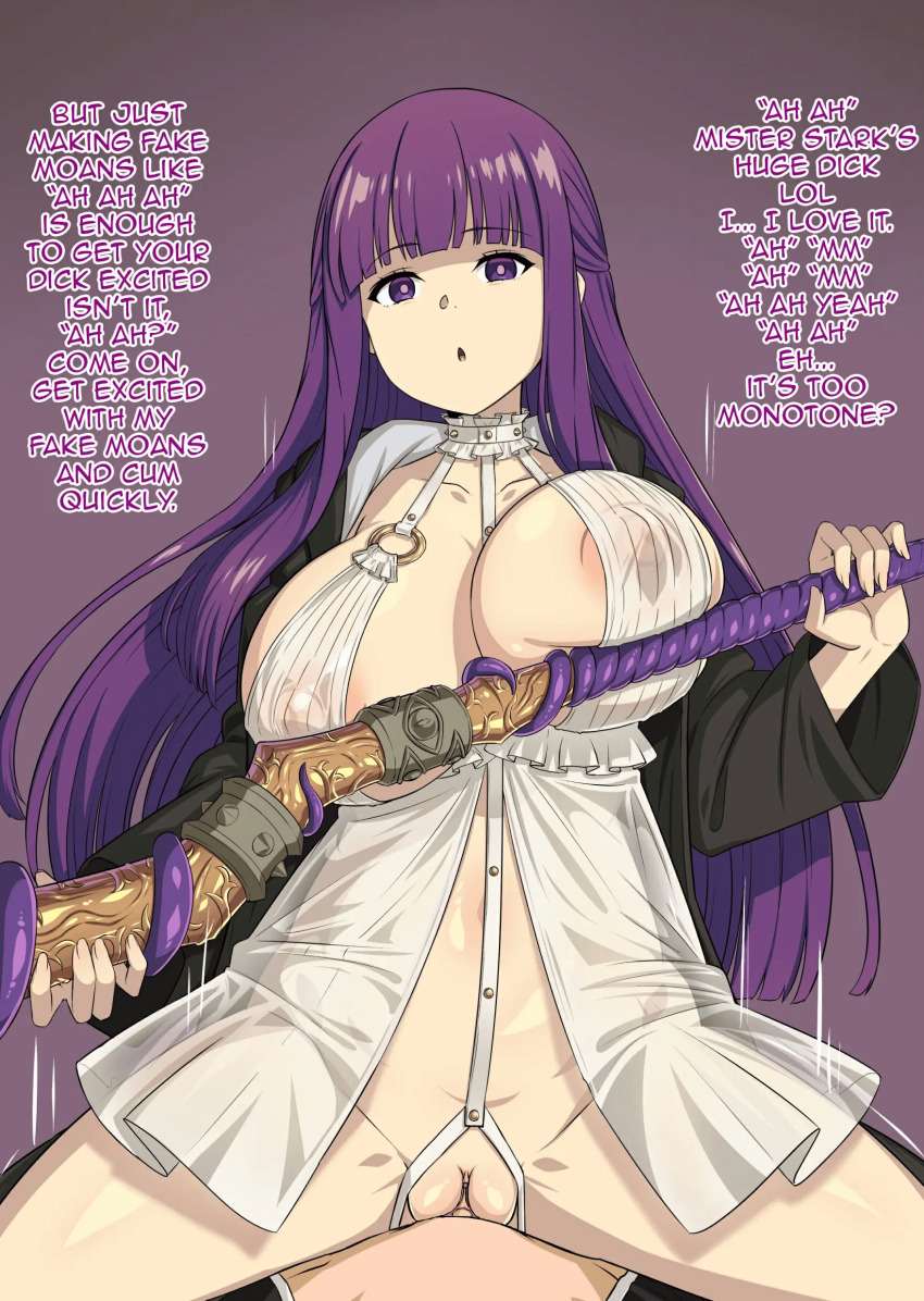 altered_perception babydoll femsub fern_(frieren:_beyond_journey&#039;s_end) frieren:_beyond_journey&#039;s_end gozaru happy_trance large_breasts long_hair purple_hair sex text