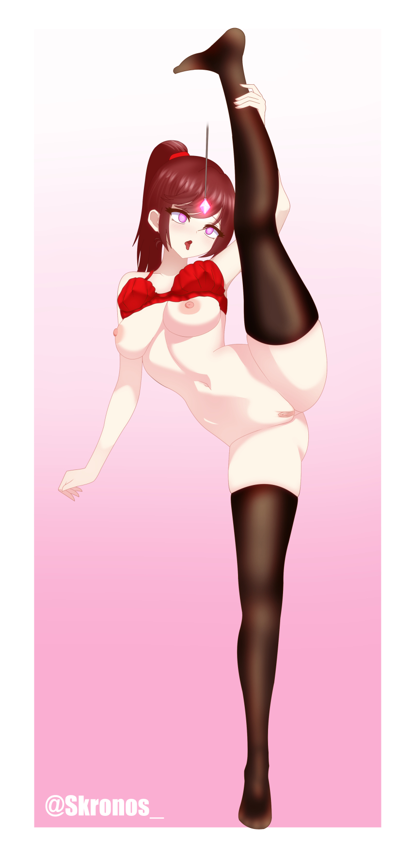 absurdres ass bare_shoulders bottomless bra breasts brown_hair curvy expressionless female_only femsub hairband kronobas28 mind_break nipples open_mouth original ponytail pussy simple_background spiral spiral_eyes standing_split symbol_in_eyes thighhighs tongue tongue_out