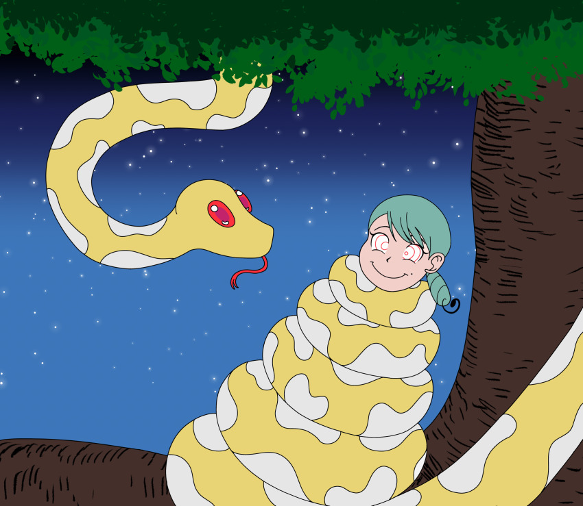 blue_hair braid coils femdom femsub happy_trance jungle katy_(pokemon) kela_(zengo888) milf mole night nintendo original pokemon pokemon_scarlet_and_violet restrained ring_eyes smile snake tongue tongue_out zero2hero54