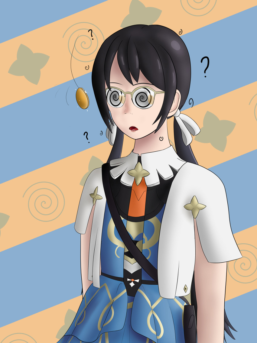 black_hair character_request clothed coin confused confuzzled dress_shirt female_only femsub fire_emblem fire_emblem_fortunes_weave glasses hair_ribbon long_hair nintendo open_mouth pendulum skirt solo spiral spiralwash_eyes symbol twintails