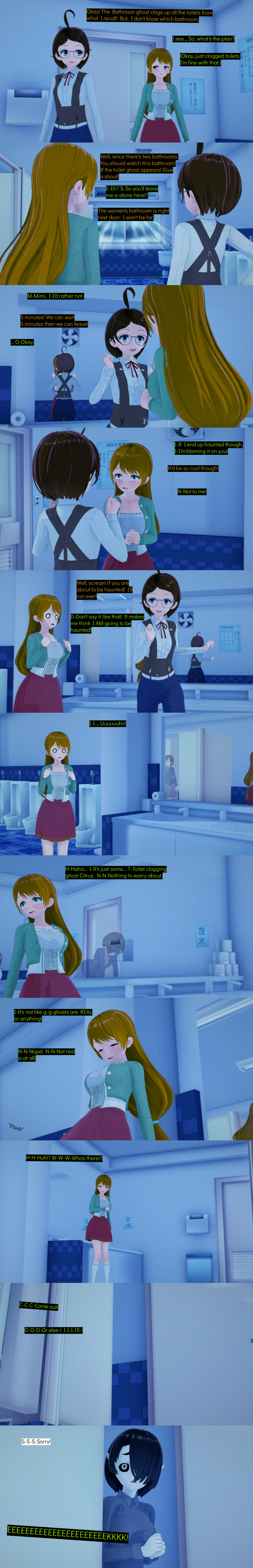 absurdres ahoge aware black_hair black_sclera blue_eyes brown_hair candle citrus_(cyanstargazer) closed_eyes cyanstargazer dialogue english_text female_only ghost ghost_girl glasses green_eyes long_hair mimi_(cyanstargazer) multiple_girls night original scared shade_(sobergin) short_hair text white_skin