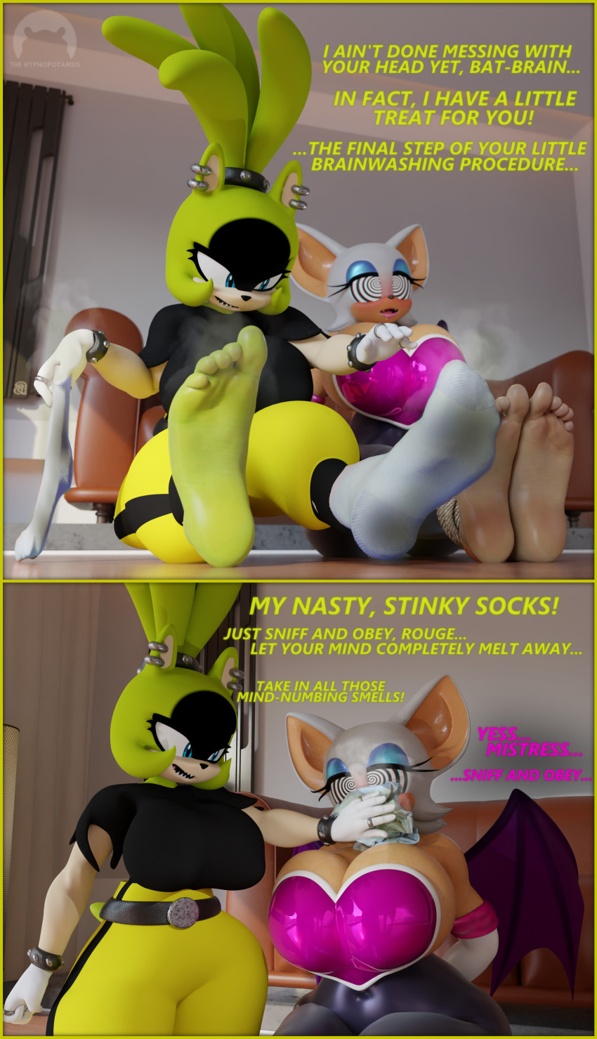 3d animal_ears bat_girl bat_wings comic earrings eyelashes eyeshadow feet foot_focus furry huge_feet large_breasts rouge_the_bat sharp_teeth smell socks sonic_the_hedgehog_(series) spiral_eyes surge_the_tenrec tenrec_girl text thehypnopotamus watermark