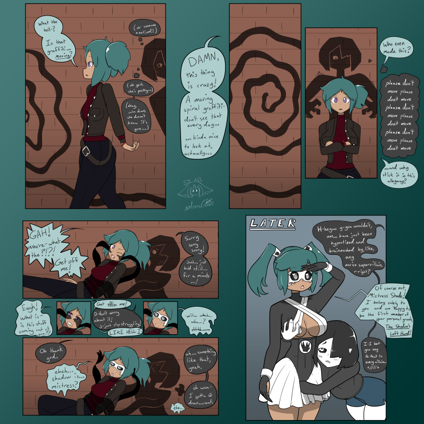 absurdres altered_common_sense alternate_costume alternate_hairstyle belt black_hair black_sclera blue_hair blush bondage border breast_grab breasts carrying cleavage comic dialogue elf_ears femdom femsub fingerless_gloves gradient_background groping happy_trance hug humor hypnotic_mask instant_loss jacket jeans large_breasts leaning_forward magic mask open_mouth original pink_eyes resisting saluting shade_(sobergin) short_hair side_ponytail signature skirt sobergin speech_bubble standing standing_at_attention surprised tan_skin text thick_thighs thighs thought_bubble tight_clothing twintails underboob uniform white_eyes white_skin yuri