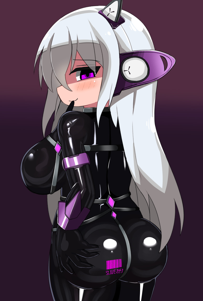 arm_bands ass ass_grab asu_to bangs barcode blush bodysuit chibi cuffs empty_eyes fake_animal_ears female_only femsub from_behind gradient_background grey_hair happy_trance harness hasumi large_breasts latex long_hair looking_at_viewer looking_back mission_mermaiden purple_eyes rubber simple_background smile solo tight_clothing