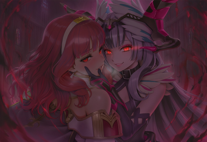 ai_art aura bare_shoulders black_hair blush celica_(fire_emblem) chin_hold corruption crown dragon_girl duma_(fire_emblem) eye_color_change femsub fire_emblem fire_emblem_echoes fire_emblem_engage fire_emblem_heroes glowing glowing_eyes happy_trance hypnotic_accessory looking_at_viewer looking_back maledom multicolored_hair nintendo orange_hair possession princess red_eyes royalty slit_pupils smile sub_on_sub thouart_i_(generator) veyle_(fire_emblem) white_hair yuri