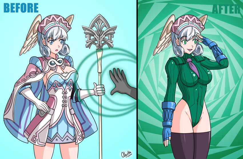 alerith alternate_costume androgynous_dom before_and_after blue_eyes breasts capcom cape cleavage crossover empty_eyes english_text eye_color_change eyeshadow femsub fingerless_gloves gloves green_eyes happy_trance large_breasts lipstick makeup melia_antiqua nintendo saluting shadaloo_dolls silver_hair smile staff street_fighter text thick_thighs thighhighs thighs wings xenoblade_chronicles xenoblade_chronicles_1