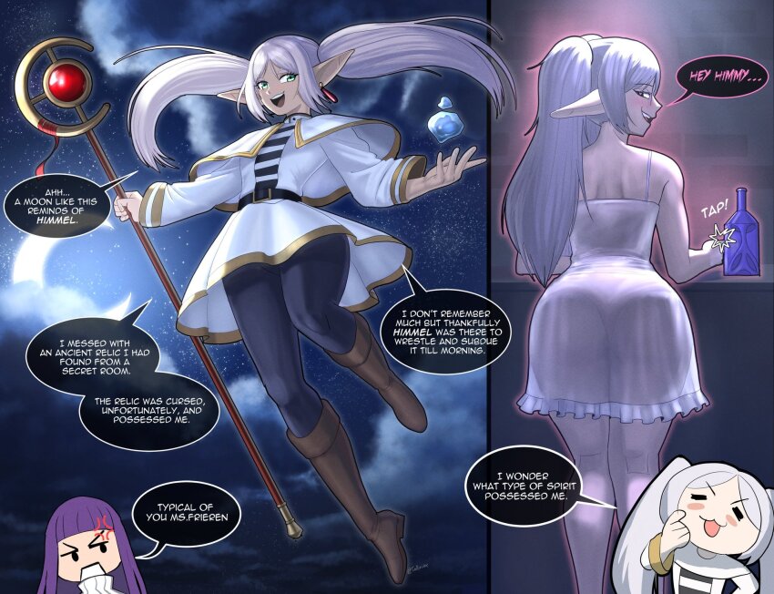 ass ass_focus bare_shoulders blush boots chibi clothed clothed_exposure dialogue dress earrings elf elf_ears english_text eye_color_change eyebrows_visible_through_hair female_only femsub fern_(frieren:_beyond_journey's_end) frieren frieren:_beyond_journey's_end glowing green_eyes heart_eyes hypnotic_accessory jewelry large_ass long_hair looking_back nightgown open_mouth panties possession purple_hair seductive_smile see-through sexually_suggestive speech_bubble staff tallinax text tight_clothing twintails underwear white_hair