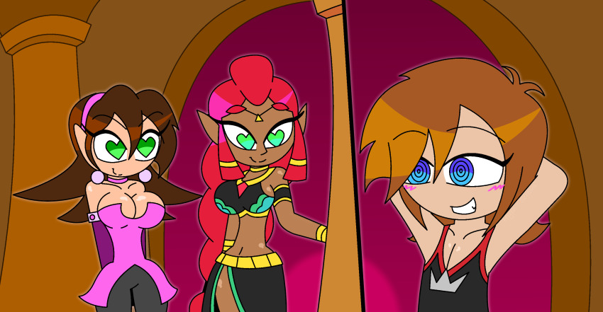 aged_up alternate_costume arms_above_head bare_shoulders blue_eyes blush braid breasts brown_background brown_hair capcom choker cleavage collar complex_background consensual crop_top crossover dark_skin disney earrings elf_ears eyebrows_visible_through_hair eyelashes femsub gerudo gloves green_eyes harem heart_eyes hourglass_figure hypnoscream jewelry kingdom_hearts large_breasts leggings leotard long_hair love makeela_riju maledom megaman_legends_(series) multiple_girls multiple_subs navel necklace nintendo no_panties opera_gloves red_background red_hair ring_eyes seductive_smile shiny_skin short_hair smirk sora square_enix standing standing_at_attention symbol_in_eyes tan_skin tank_top tears_of_the_kingdom the_legend_of_zelda tron_bonne wide_hips