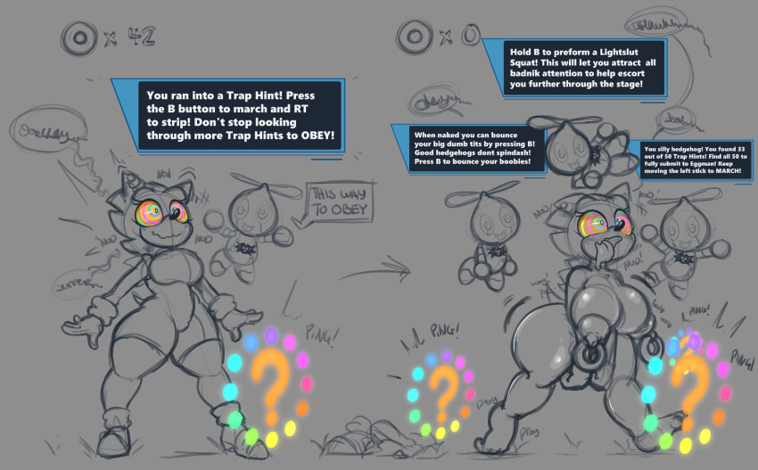 ass_expansion blueberrygrizzly brain_drain breast_expansion drool femsub furry gameplay_mechanics happy_trance hedgehog_girl nipple_piercing nude omochao sonic_the_hedgehog sonic_the_hedgehog_(series) spiral_eyes text tongue_out