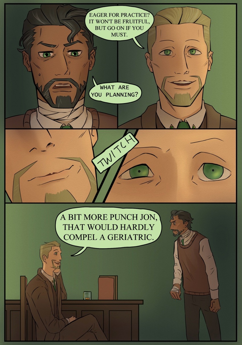 beard comic dark_skin elias_bouchard green_eyes jonathan_sims male_only maledom malesub mustache resisting smile sweetmapple the_magnus_archives yaoi