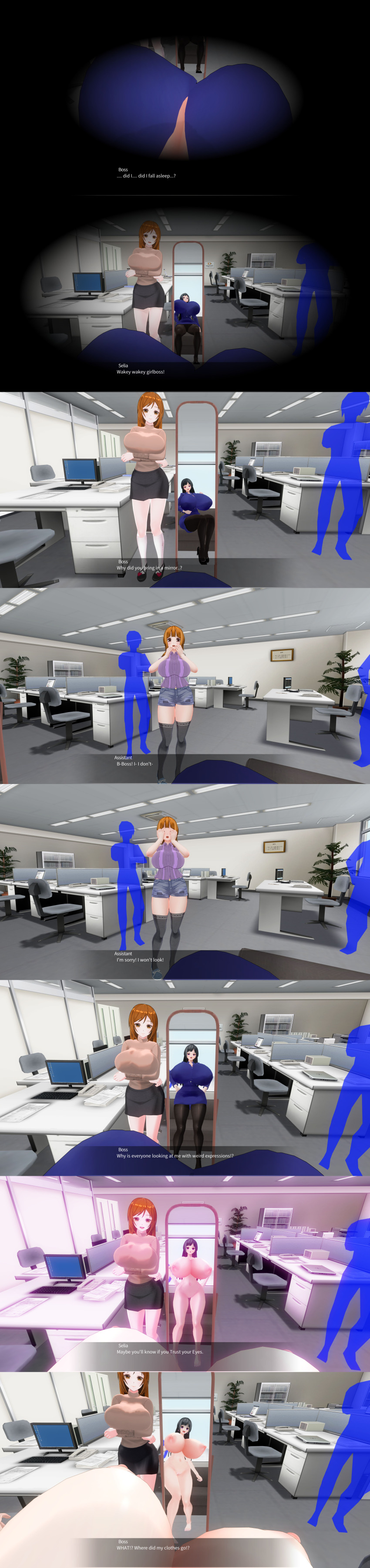 absurdres altered_perception awakening black_hair breasts business_suit calusteri closed_eyes covering dialogue embarrassed english_text femdom femsub huge_breasts jean_shorts jeans long_hair mirror multiple_boys multiple_girls nipples nude office office_lady orange_eyes orange_hair original purple_eyes short_hair shorts text trance_break trigger