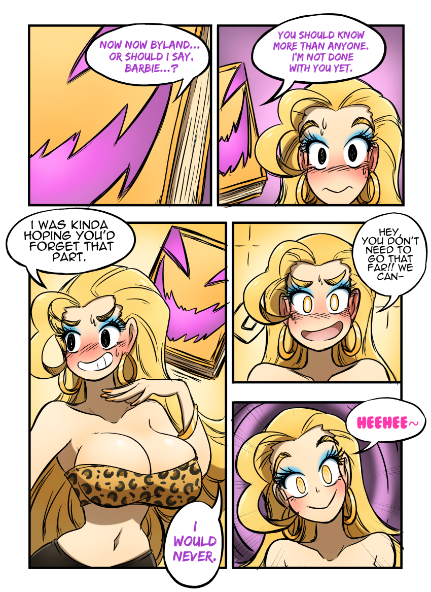 bimbofication blonde_hair blush book comic earrings happy_trance kobi94 large_breasts leopard_print long_hair magic midriff original spiral_eyes text tube_top