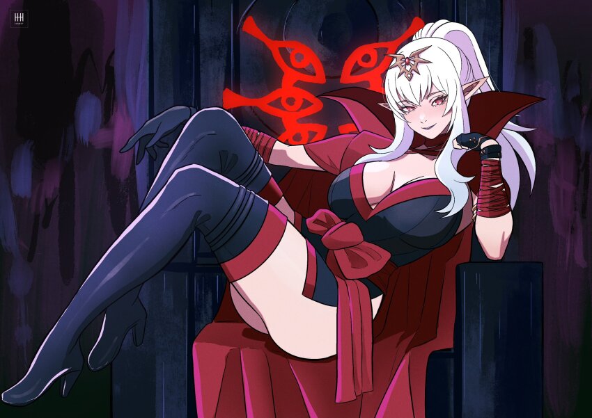 breasts chair cleavage corruption dragon_girl elf_ears eye_color_change femsub fire_emblem fire_emblem_awakening grima_(fire_emblem_awakening) hair_color_change ihsnet knee-high_boots large_breasts nintendo possession red_eyes sitting tagme thighhighs thighs tiki_(fire_emblem) white_hair