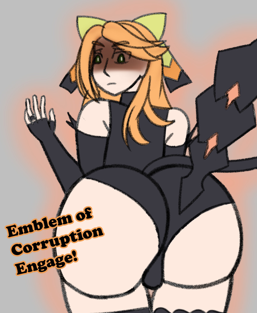 ass ass_focus bare_shoulders bodysuit enemy_conversion etie_(fire_emblem) female_only fingerless_gloves fire_emblem fire_emblem_engage gloves green_eyes hair_ornament hair_ribbon kronya kronya_outfit long_hair nintendo orange_hair ring tail usakiki