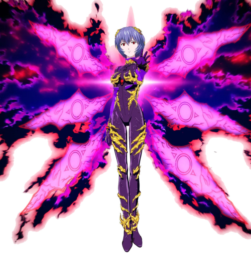 alternate_costume alternate_hair_color artist_request aura bodysuit breasts corruption crossover empty_eyes expressionless femsub floating godzilla_(series) king_ghidorah looking_at_viewer neon_genesis_evangelion possession purple_hair red_eyes rei_ayanami short_hair wings