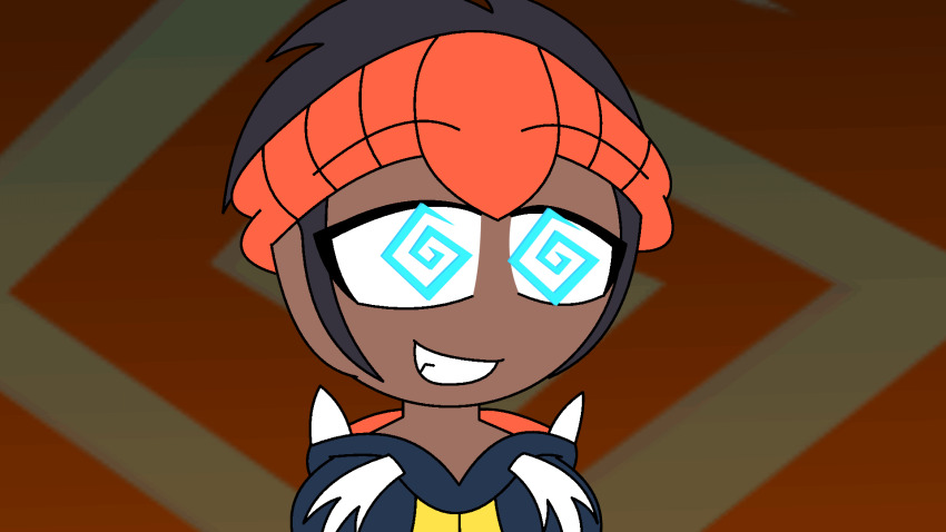 animated animated_gif black_hair blue_eyes dark_skin eyebrows_visible_through_hair fangs happy_trance hat hoodie hypnoscream male_only malesub nintendo pokemon pokemon_sword_and_shield pov_dom raihan_(pokemon) short_hair smile solo spiral_background spiral_eyes