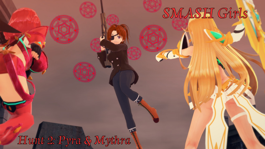 3d aware clothed cover crossover cyanstargazer english_text eyepatch gun inferna_(cyanstargazer) long_hair mythra_(xenoblade) nintendo original pyra_(xenoblade) red_eyes red_hair short_hair super_smash_bros. text weapon xenoblade_chronicles xenoblade_chronicles_2