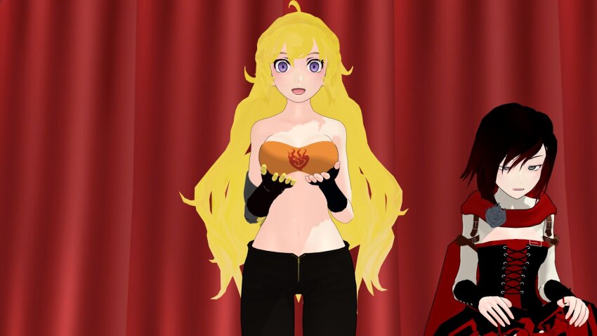 3d airmotor black_hair black_panties blonde_hair boots cape clothed corset crossed_eyes dress dress_lift female_only femsub grey_eyes heavy_eyelids knee-high_boots lace long_hair mmd multicolored_hair multiple_girls multiple_subs open_mouth panties pants purple_eyes red_hair ruby_rose rwby skirt skirt_lift smile stage_hypnosis thighhighs tube_top underwear yang_xiao_long