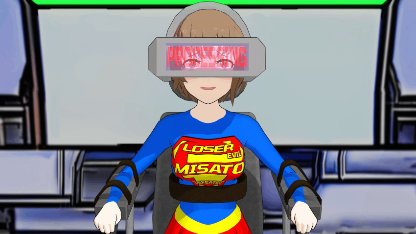 3d animated animated_gif blue_eyes blush breasts brown_hair closed_eyes corruption cosplay dc_comics female_only femsub glowing model_test_v2 open_mouth restrained short_hair sitting skirt solo supergirl tech_control text visor